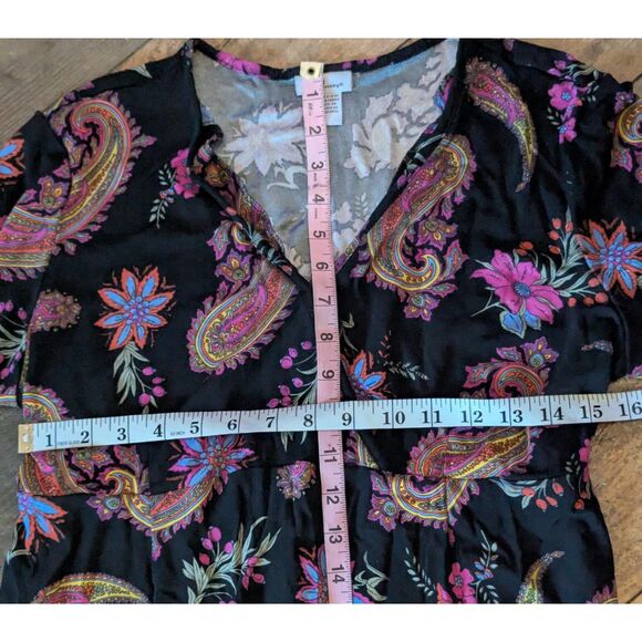 MIMI MATERNITY Paisley Wrap Dress L Black Bohemian Tie Back Long Sleeve - Picture 5 of 7